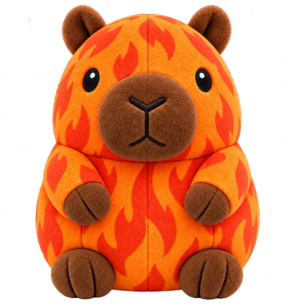 Blaze, an orange flame-patterned Capy Pals collectible plush capybara